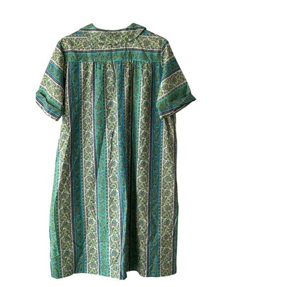 Vintage Green & Blue Floral Stripe House Dress Pockets Button Front Kaftan Sz M - Picture 2 of 8